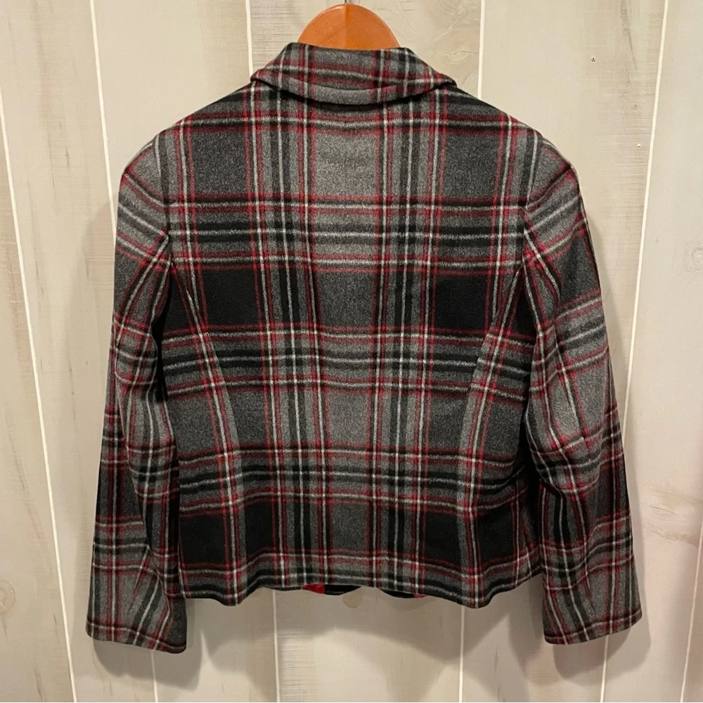 Cute red gray plaid wool blend chunky button blazer Talbots lined pockets